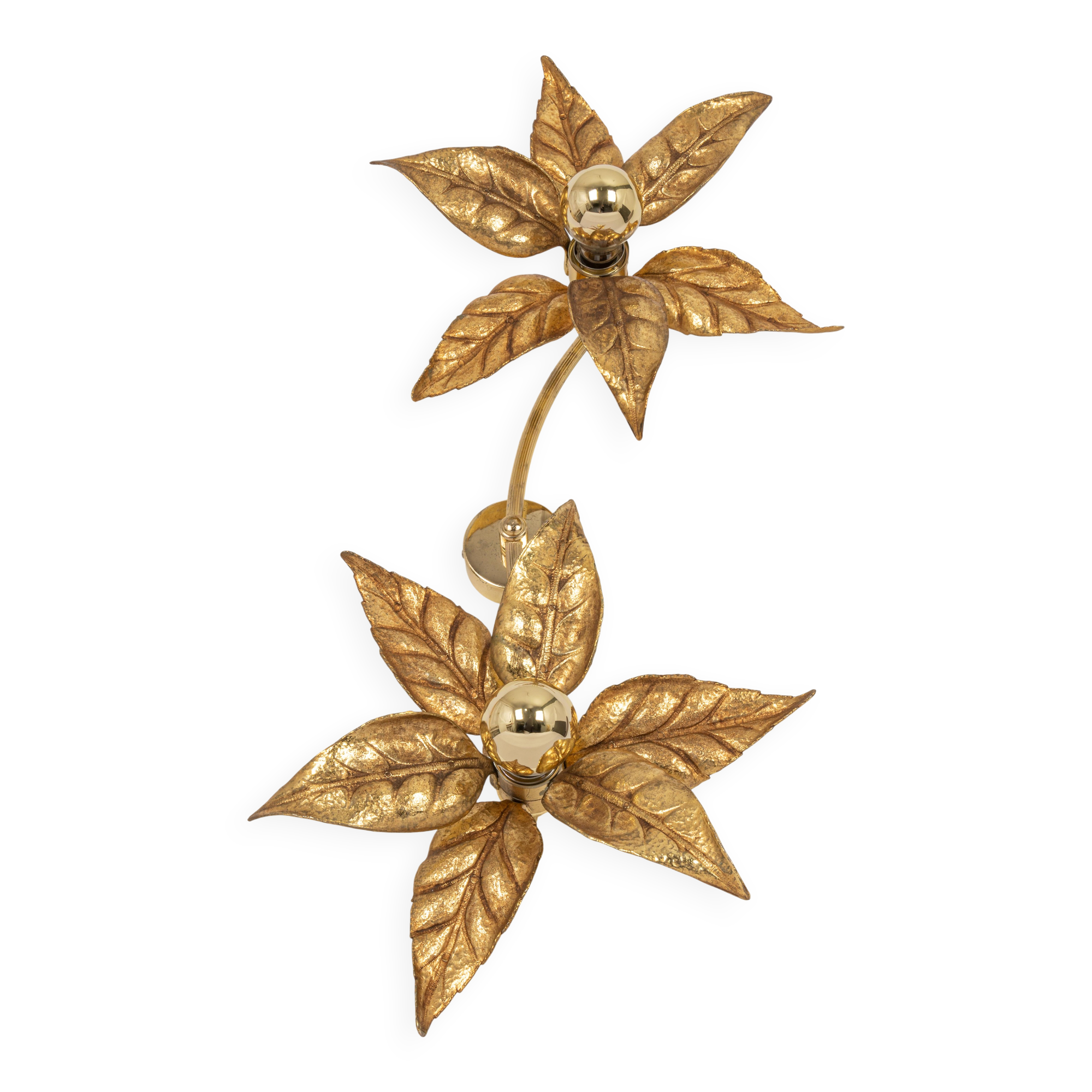 Large double flower wall sconces in brass, Willy Daro style, 1970s.