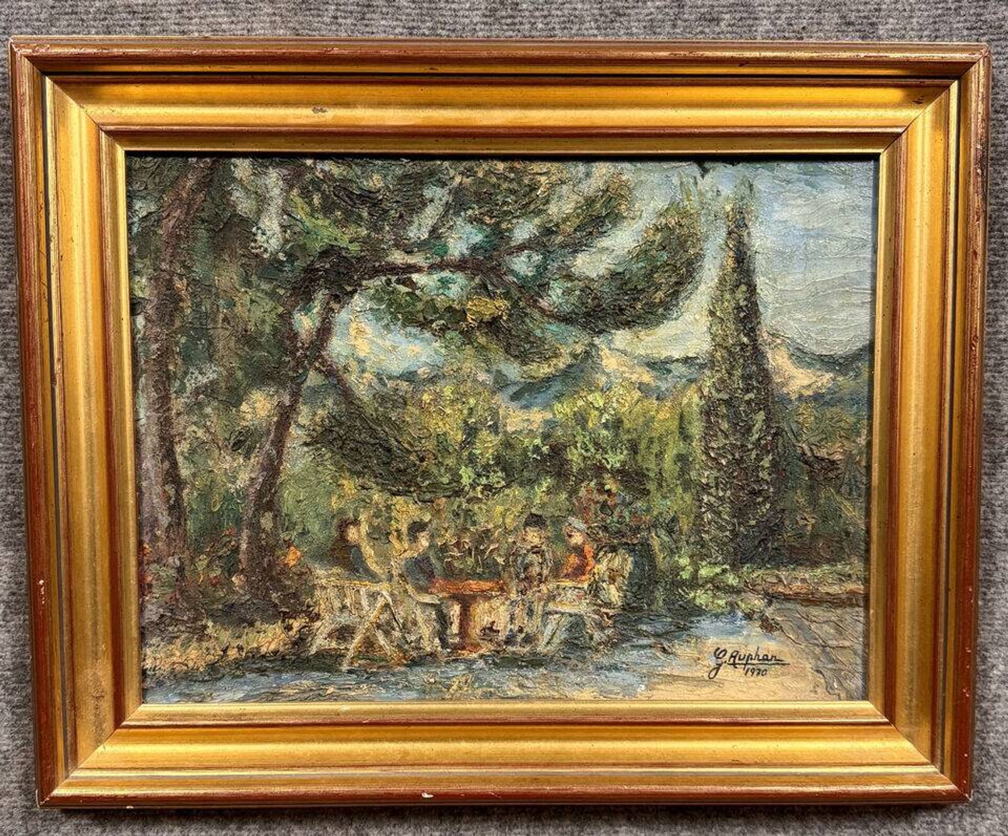 Georges Auphan 1970: huile sur toile figurant un paysage animé