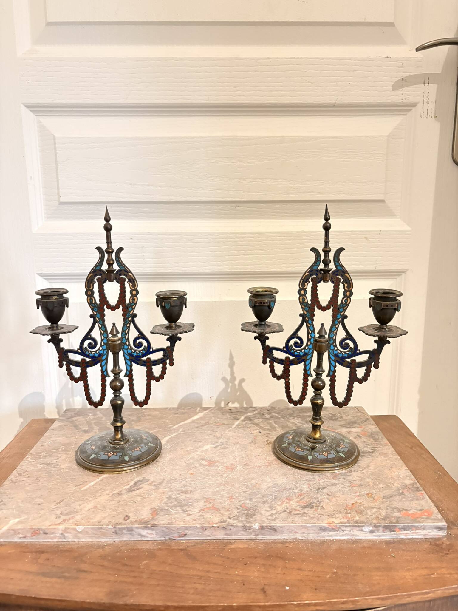 Pair of Candelabra Chandelier Champlevé Enamel Napoleon III Barbedienne