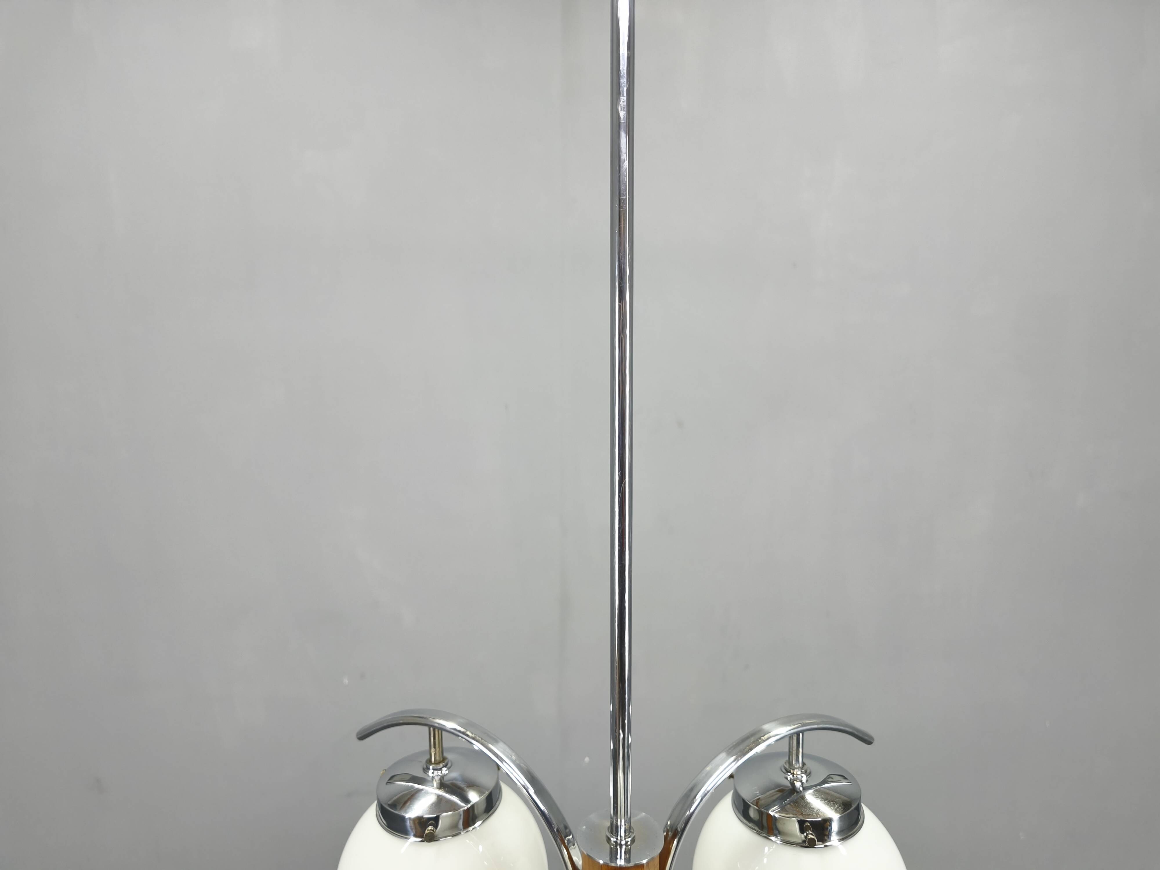 Art Deco Chandelier, Chrome, Walnut & Glass, 1930s