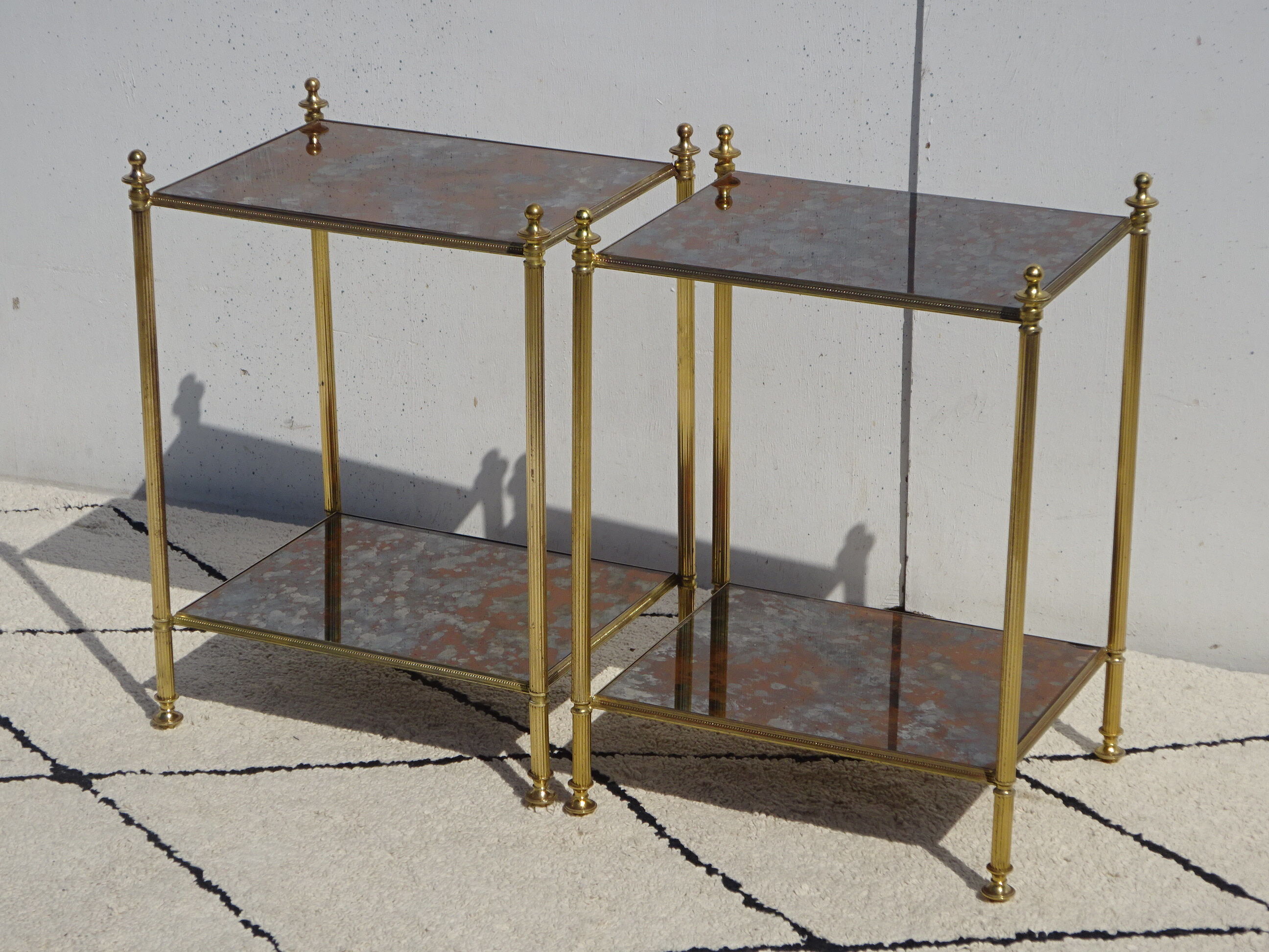 Pair of bedside tables in gilded brass and glass, midcentury