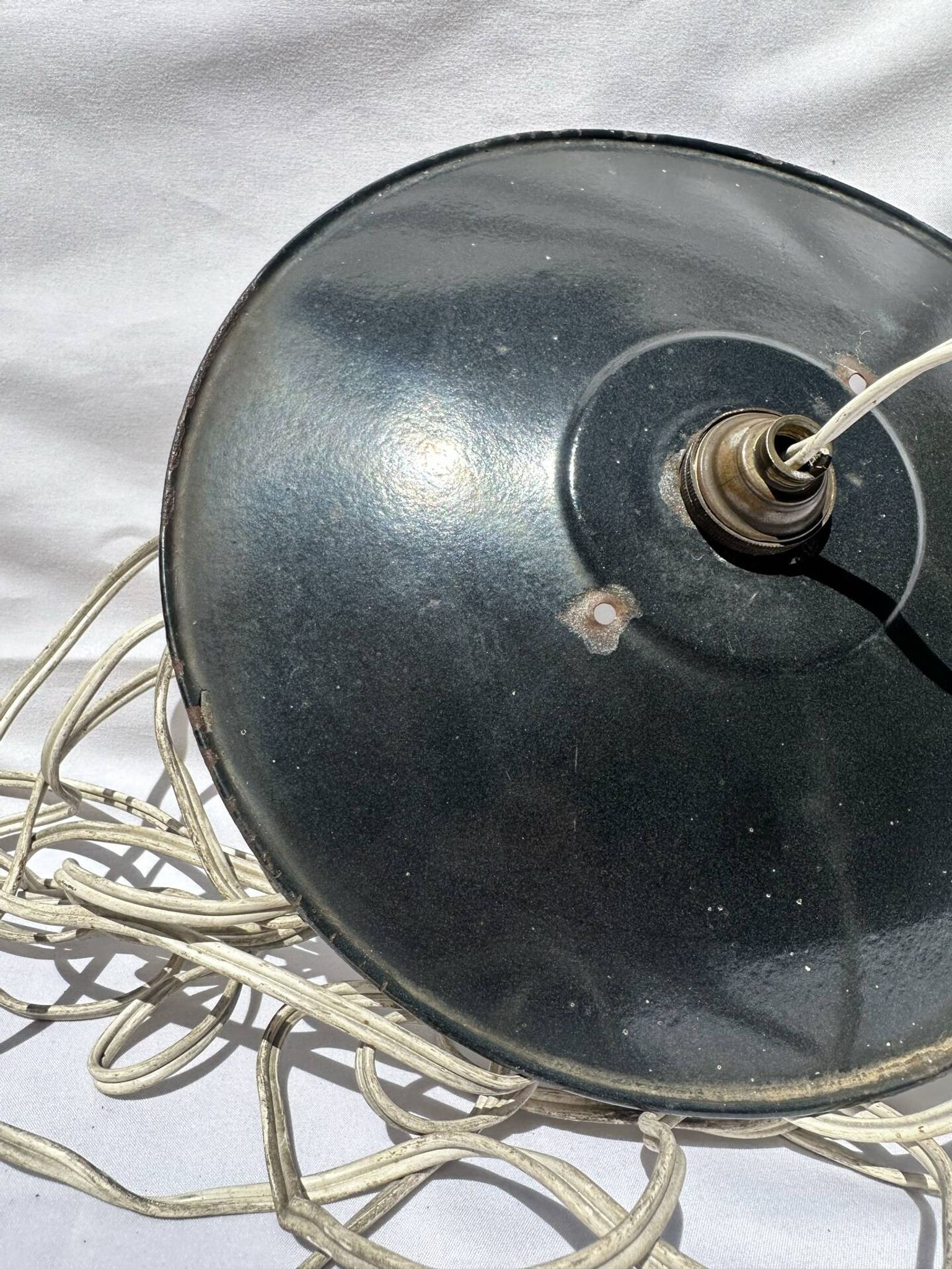 Vintage industrial lamp, green and black enamelled metal.