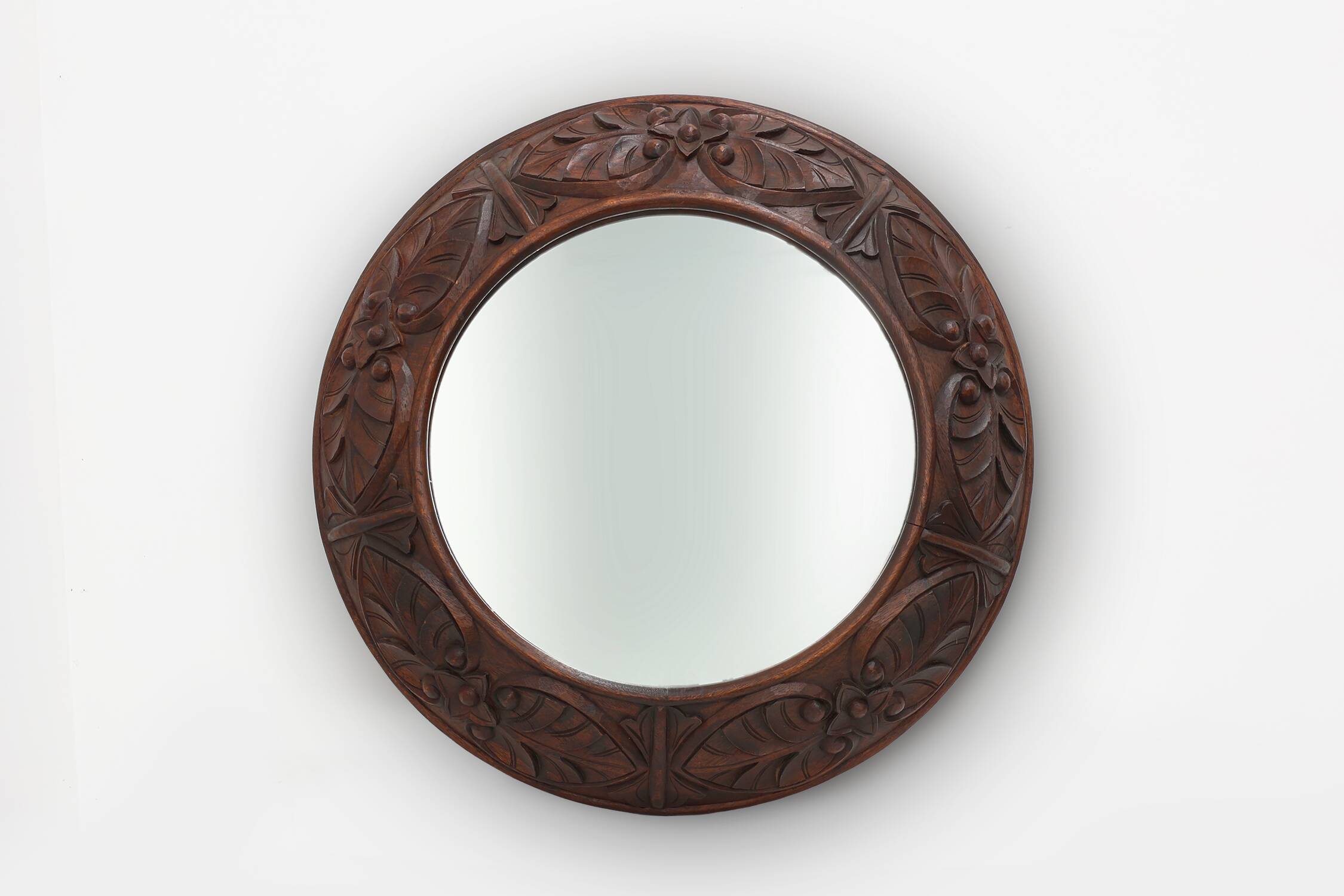 Large oak rustic wall mirror with floral carvings, France 1900s