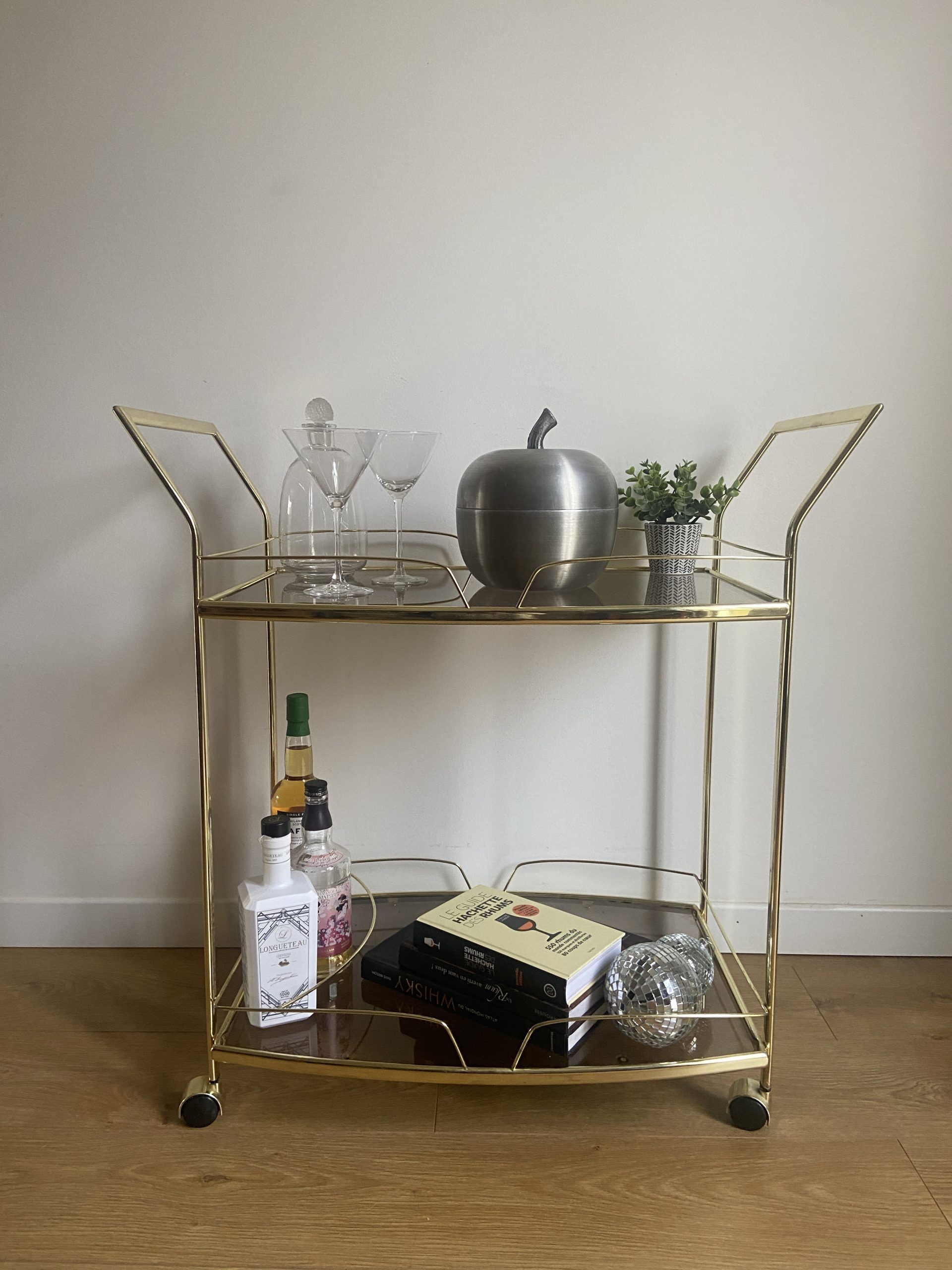 Vintage rolling service in gilded metal and smoked glass