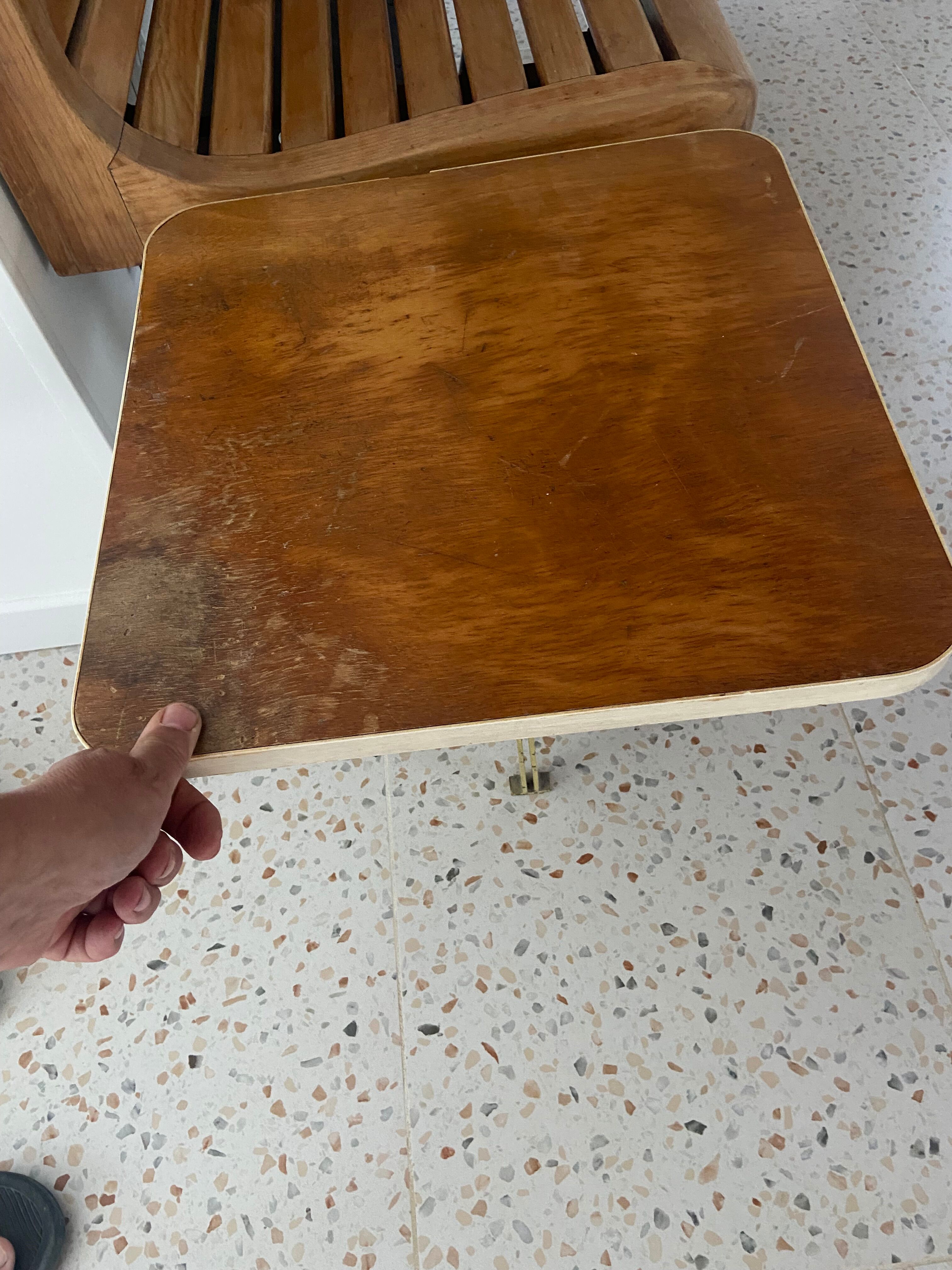 Old folding train table or wooden strapontin 1920 metal base