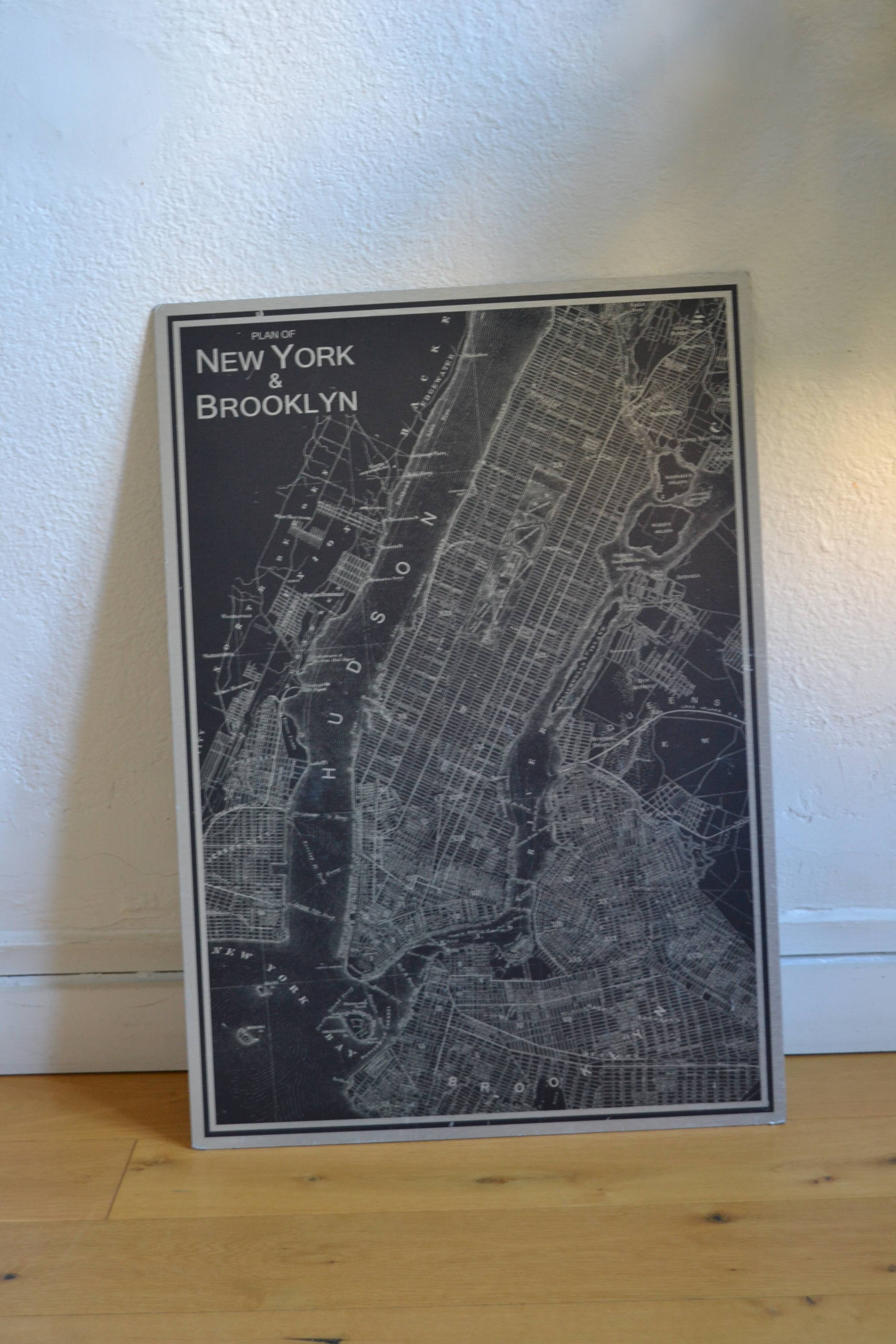 Map of New York & Brooklyn, silkscreen print on metal plate, 70 x 49 cm