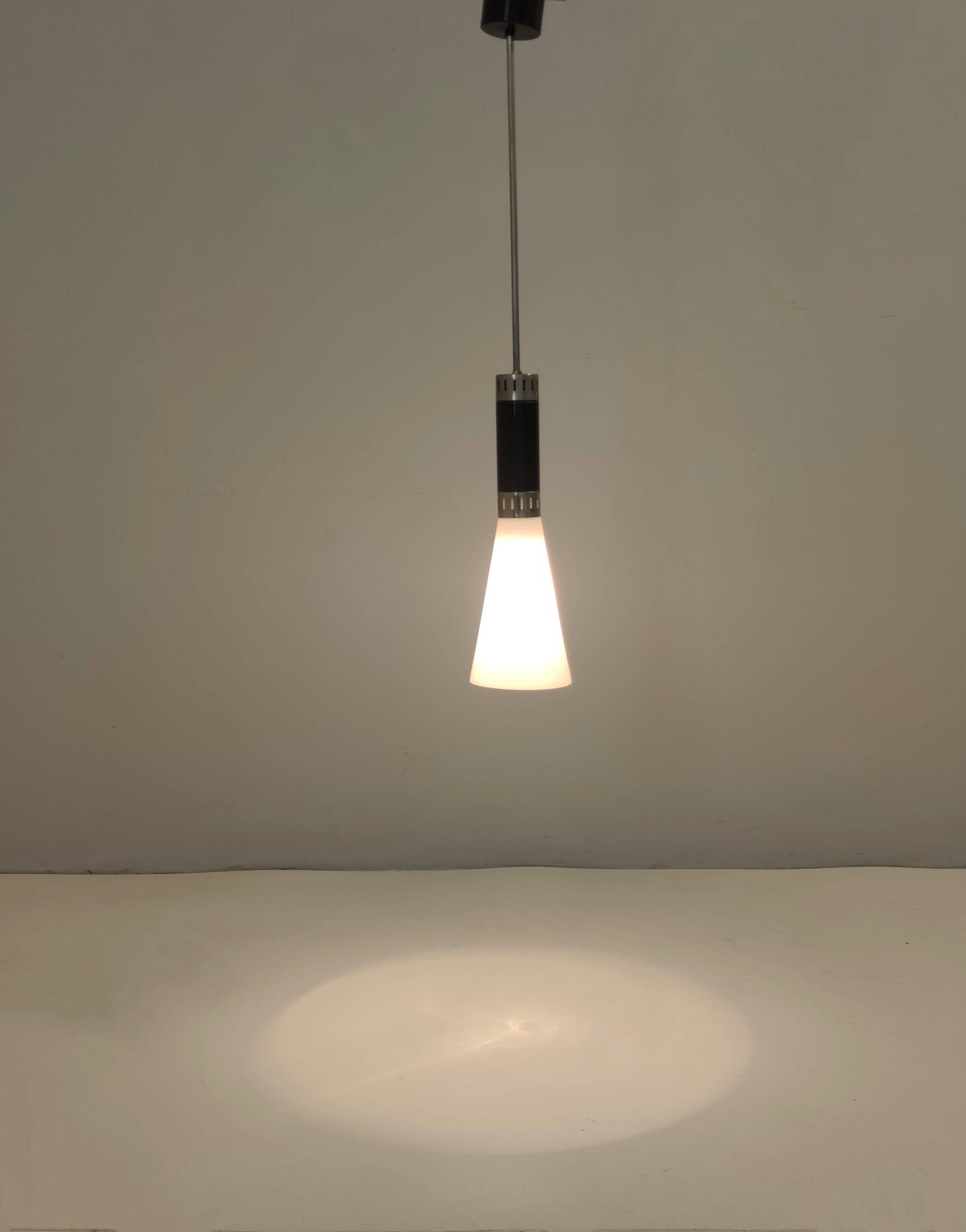 Opaline Glass and Chrome-Plated Brass Pendant by Stilnovo, Italy