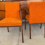 Pair of vintage 60s armchairs in wood and orange bouclé fabric