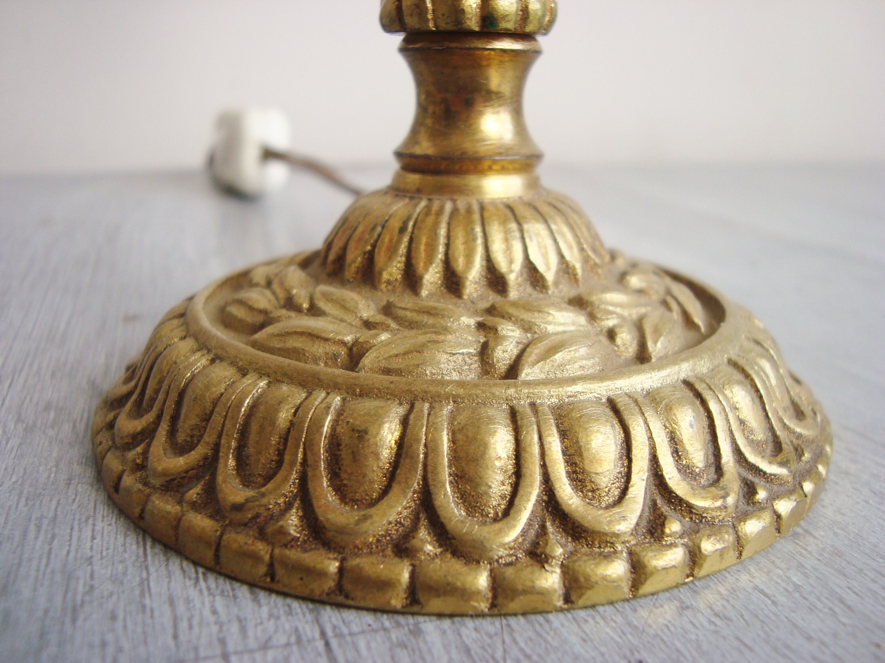 Pair of brass lamps with handmade lampshades in vintage toile de Jouy fabric