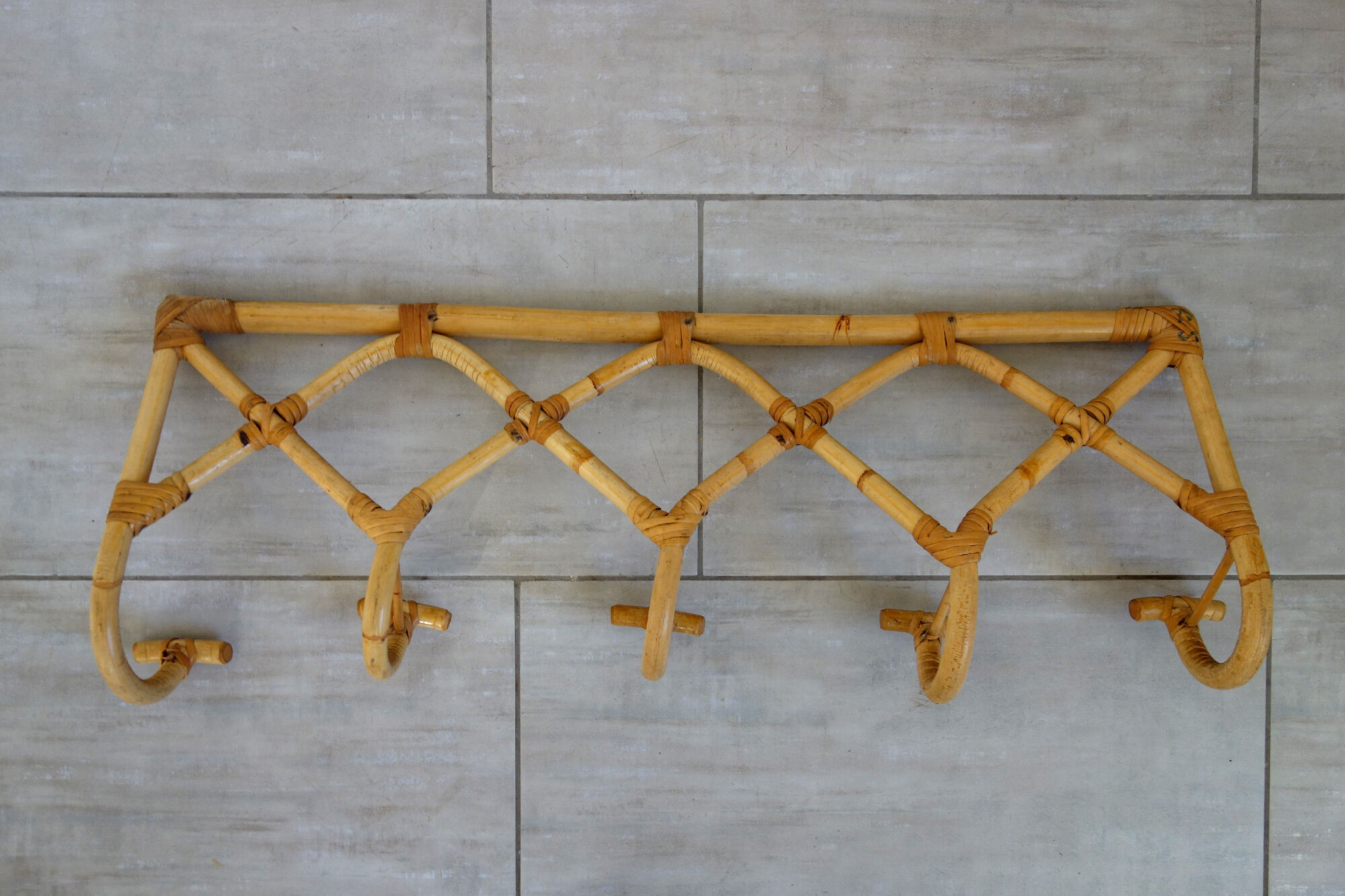 Vintage rattan coat rack 5 hooks 50s