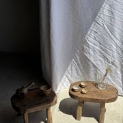 Small stool, oval solid teak accent stool with a two-tone seat.