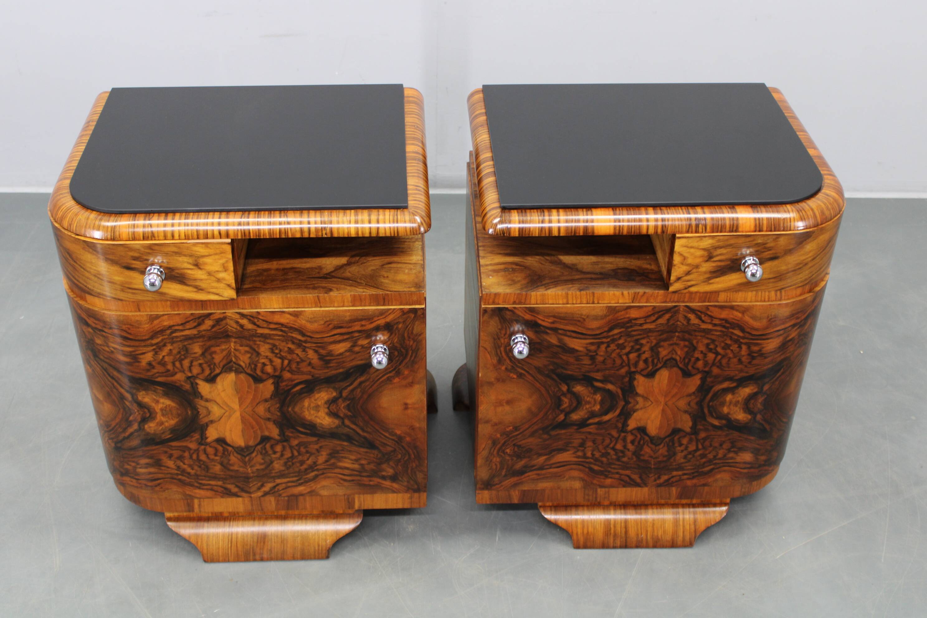 Pair of Art Deco walnut bedside tables from the 1930s.