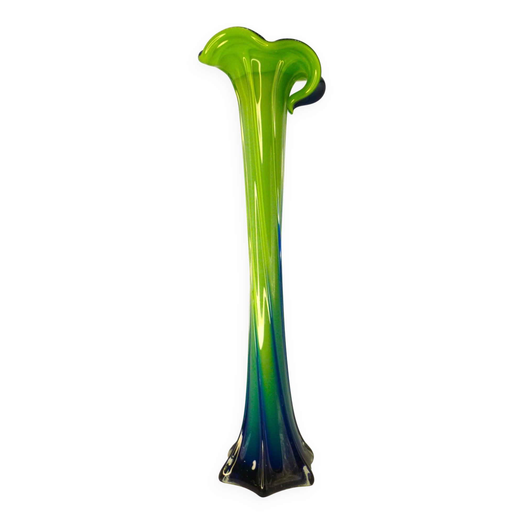 Vintage blown glass vase, twisted, blue and green, height: 39cm
