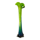 Vase vintage en verre soufflé, torsadé, bleu et vert, hauteur : 39cm