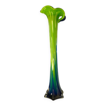 Vintage blown glass vase, twisted, blue and green, height: 39cm