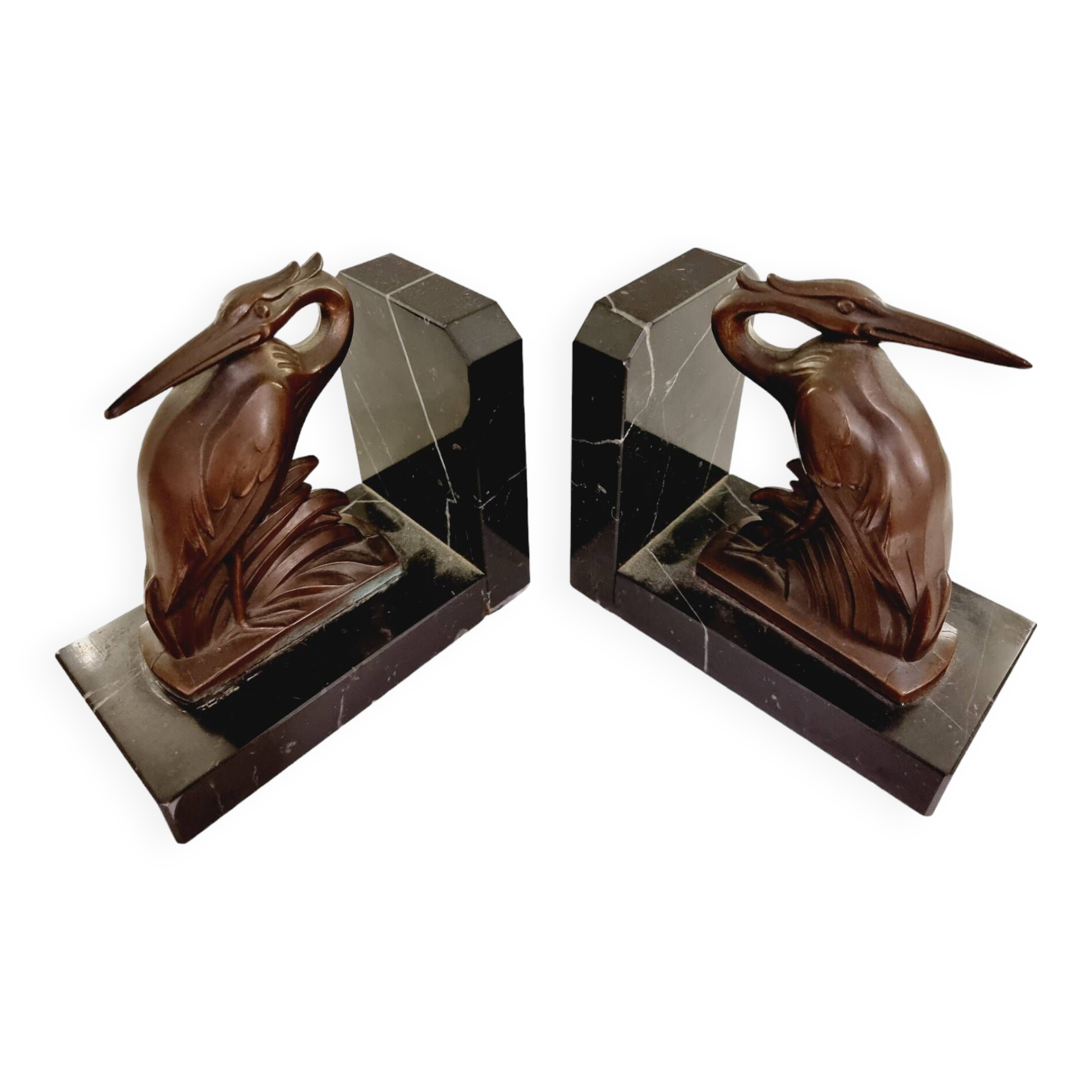 Art Deco spelter on marble bookends with cranes by Maurice Frecourt, France, 1920-30's