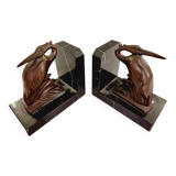 Art Deco spelter on marble bookends with cranes by Maurice Frecourt, France, 1920-30's