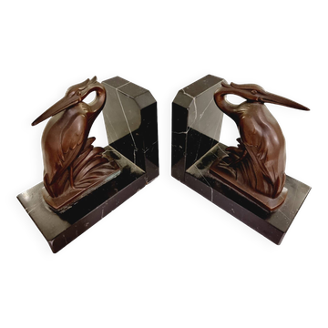Art Deco spelter on marble bookends with cranes by Maurice Frecourt, France, 1920-30's