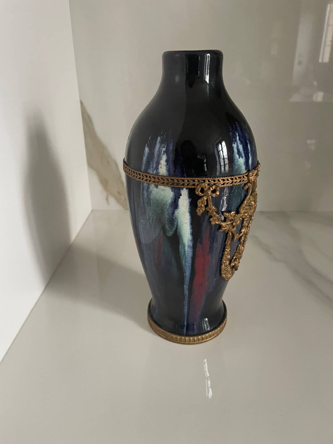 Ceramic vase with enamel drips, brass mount, around 1920, Be
