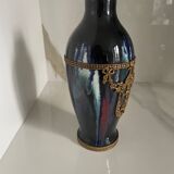 Ceramic vase with enamel drips, brass mount, around 1920, Be