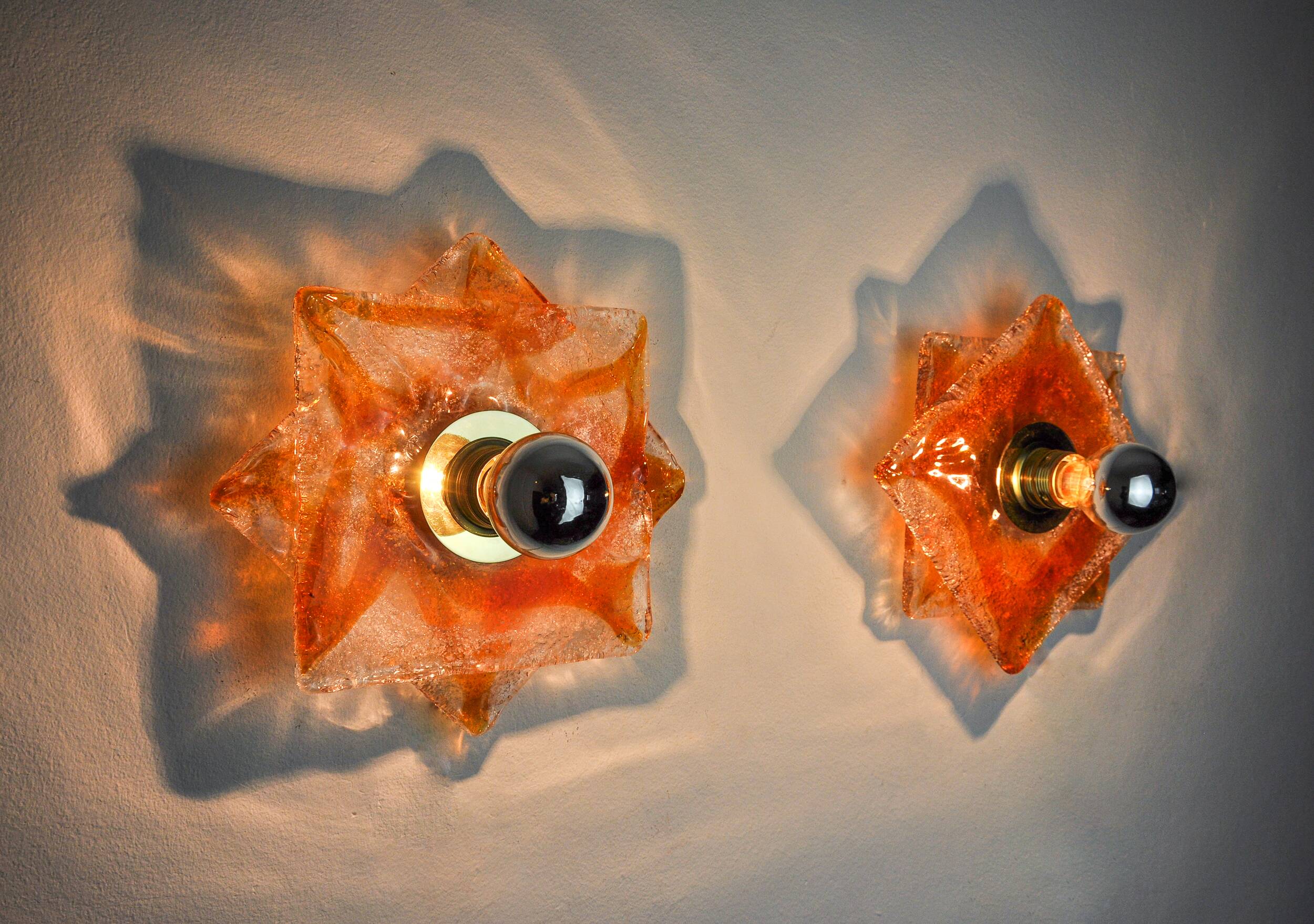 Pair of Murano Mazzega wall lights, orange frosted glass, Italy, 1970