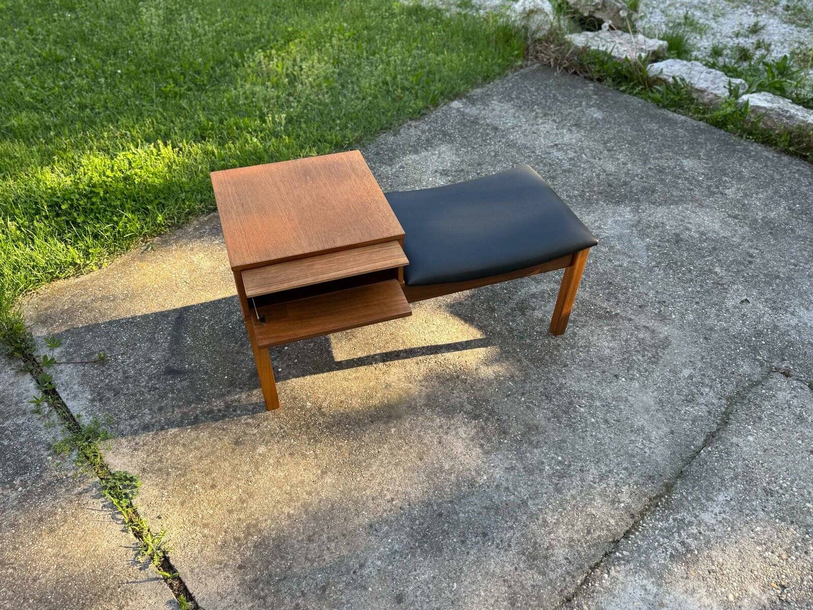 Vintage teak telephone bench with vinyl seat, 1960s