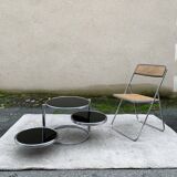 Articulated coffee table with 3 shelves, black glass and chrome, 1980