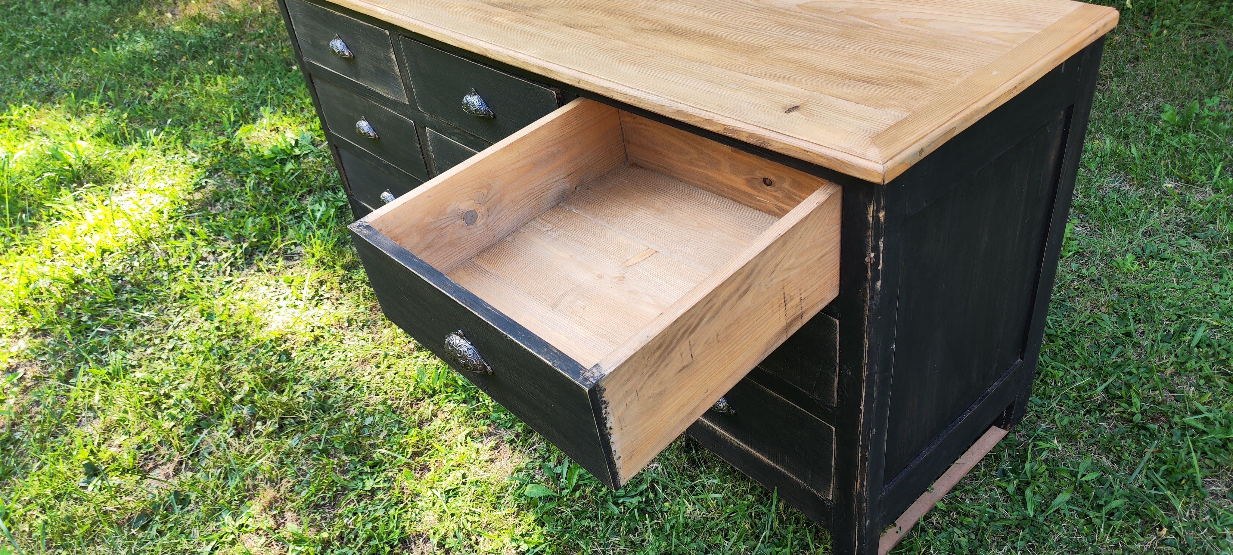 Old trading counter nine drawers black patina trade furniture