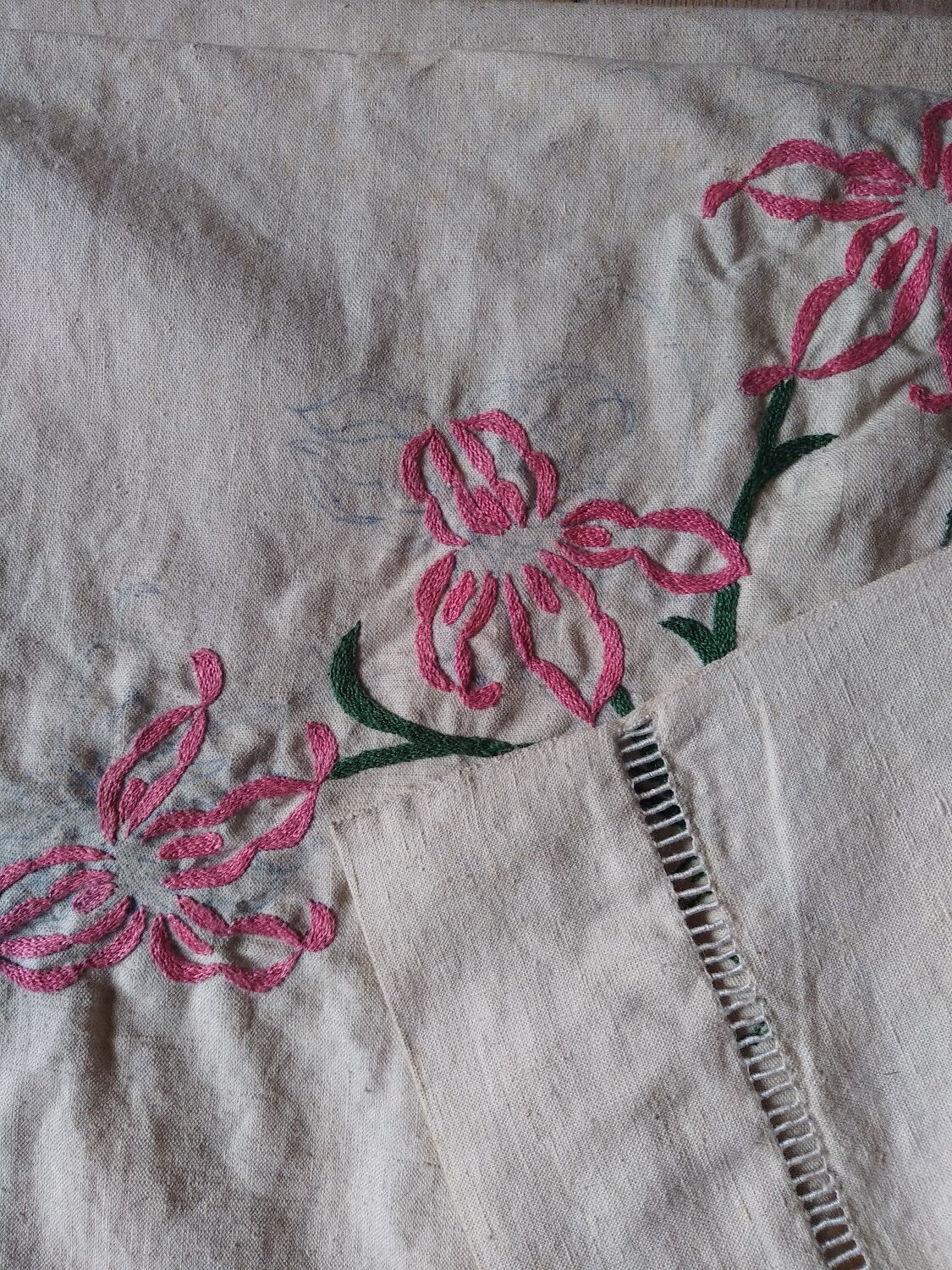 Old linen sheet embroidered decor flowers pink 210x300 cm