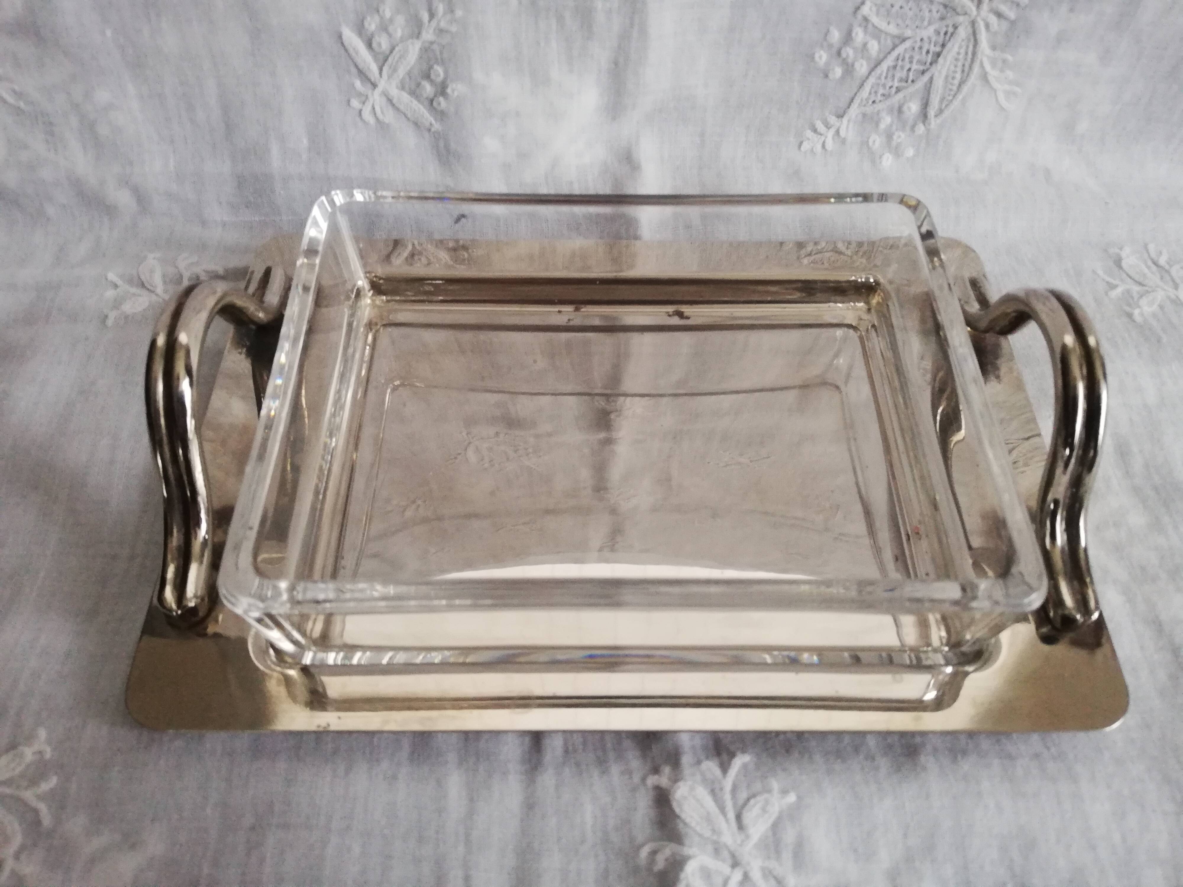 Art deco glass and silver metal butter dish