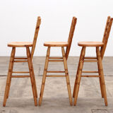 Brutalist mid-century wooden bar with 3 bar chairs, 1970s