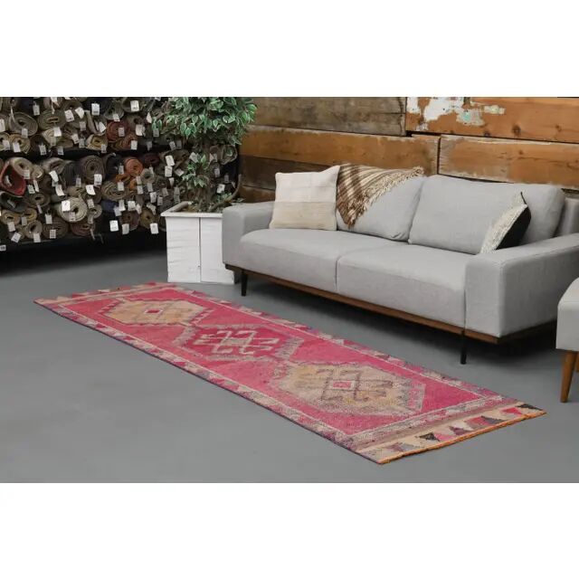 Vintage Turkish Hand-Knotted Wool Cotton Pink Runner Rug 95x309