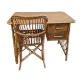 Vintage rattan desk with his chair