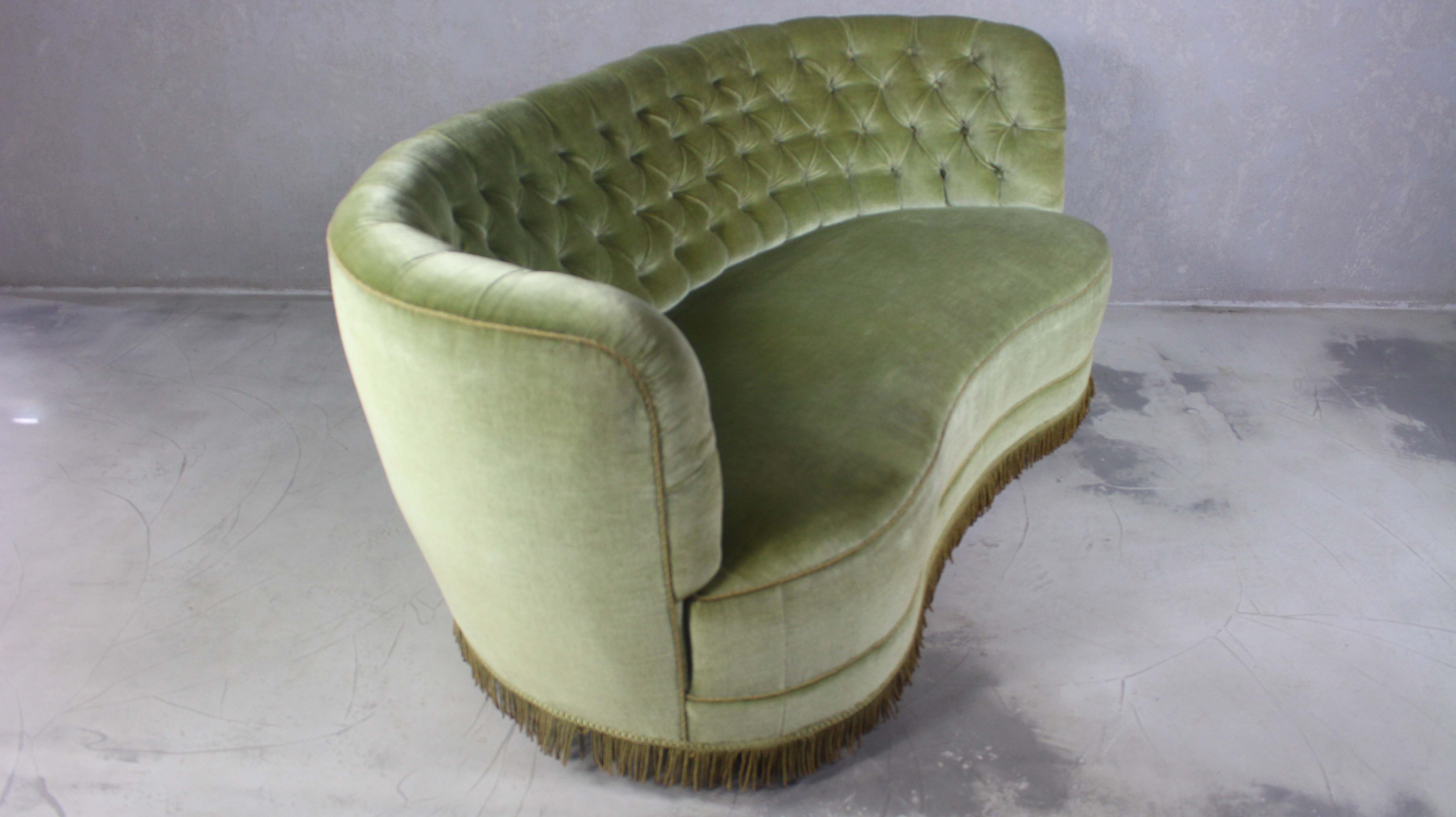 1940s Danish Curved Green Buttoned Sofa