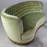 1940s Danish Curved Green Buttoned Sofa