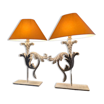 Pair of patinated wooden lamps with leafy decoration medieval style lampshade