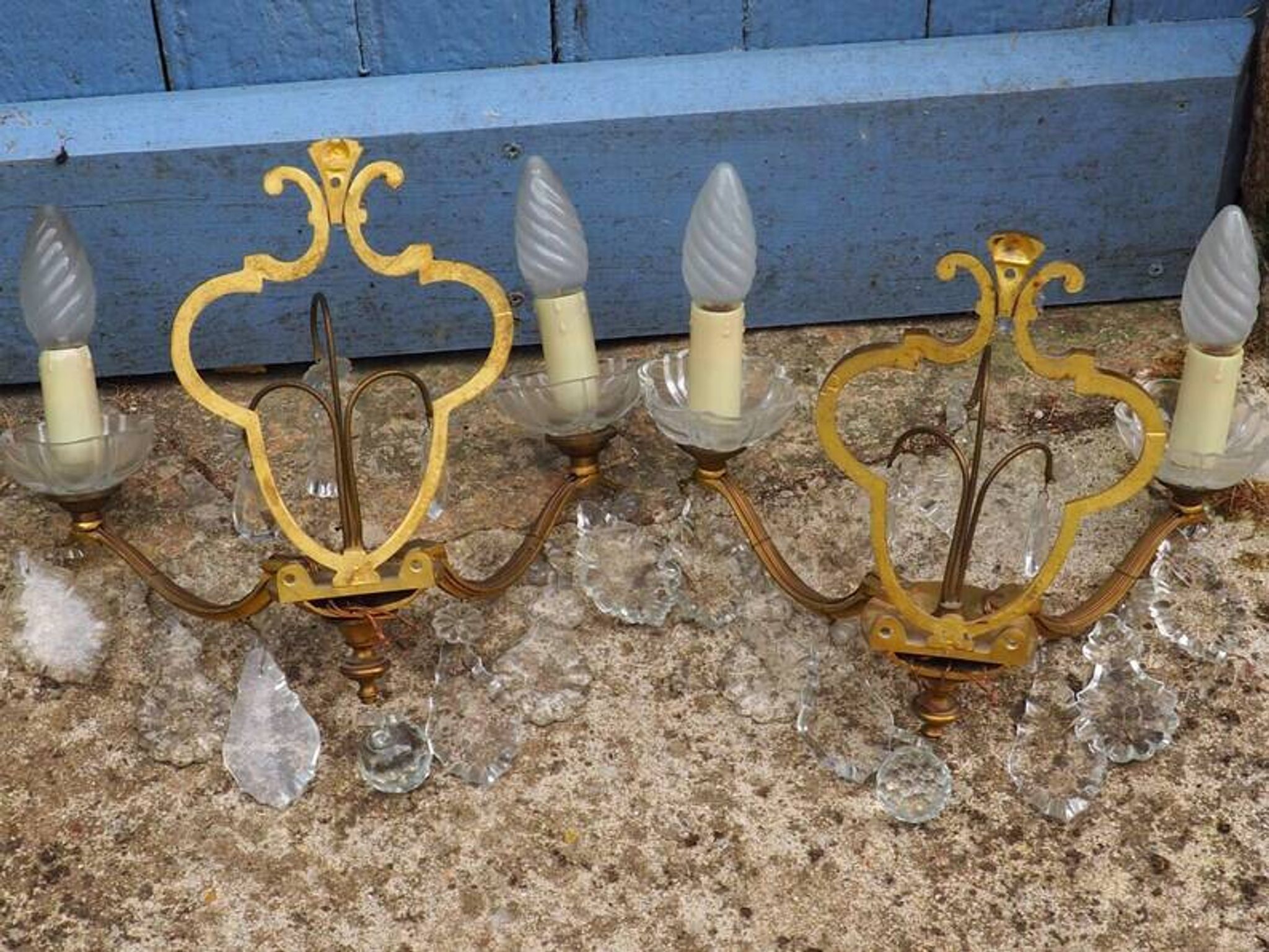 Gilt Bronze French Antique wall Sconces: Crystal Drops, Twin Arms, C1940s