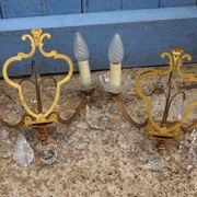 Gilt Bronze French Antique wall Sconces: Crystal Drops, Twin Arms, C1940s