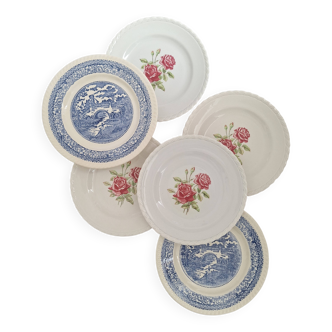 Assiettes plates vintage bleu rose