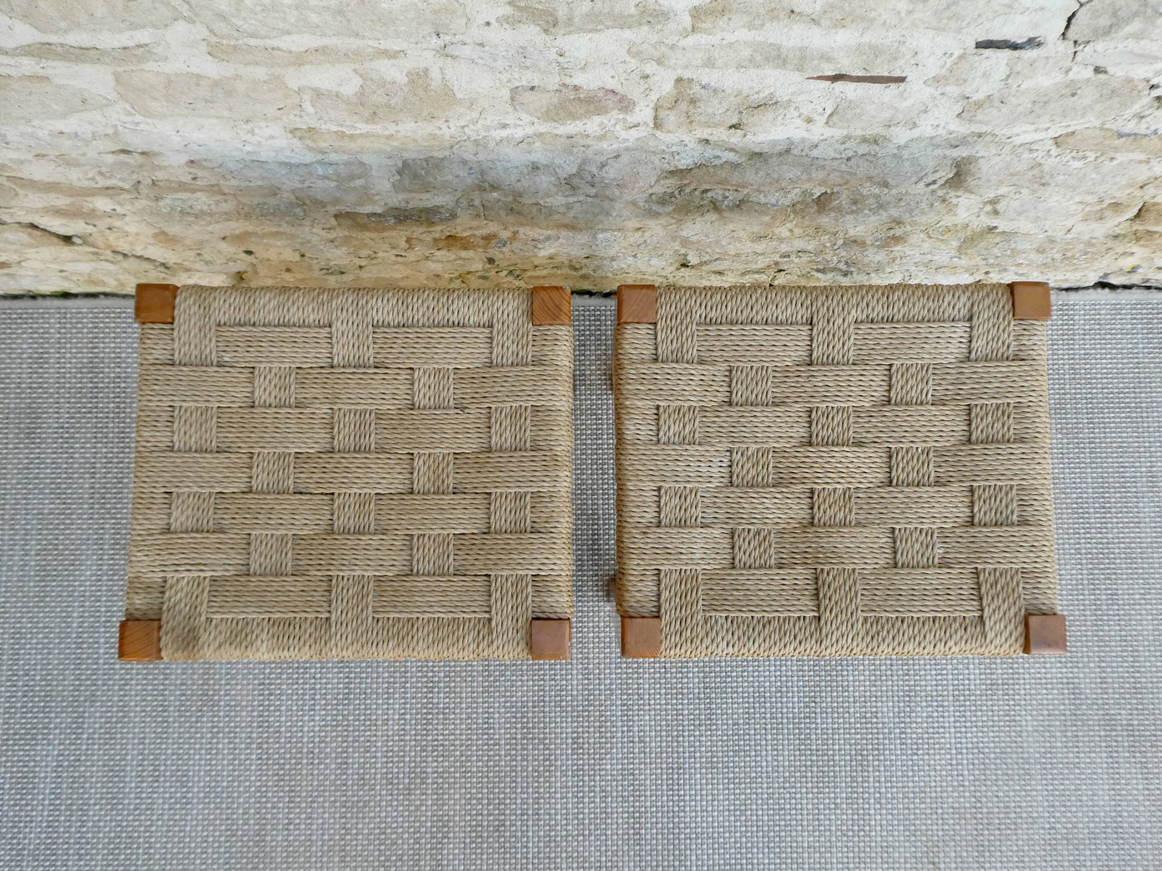 Pair of light wood stools and braided rope, 60s