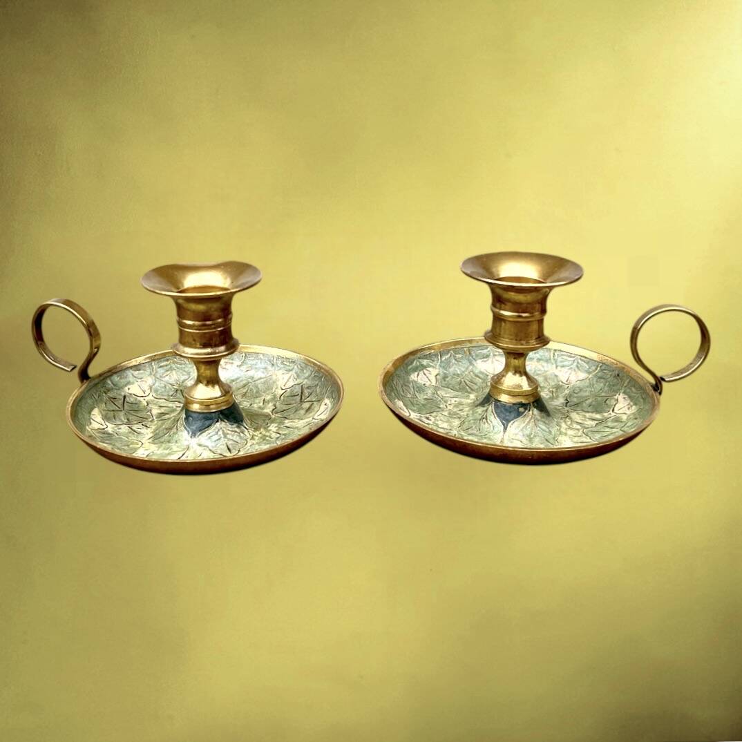 Pair of cellar rat brass cloisonné candlesticks – 1960s