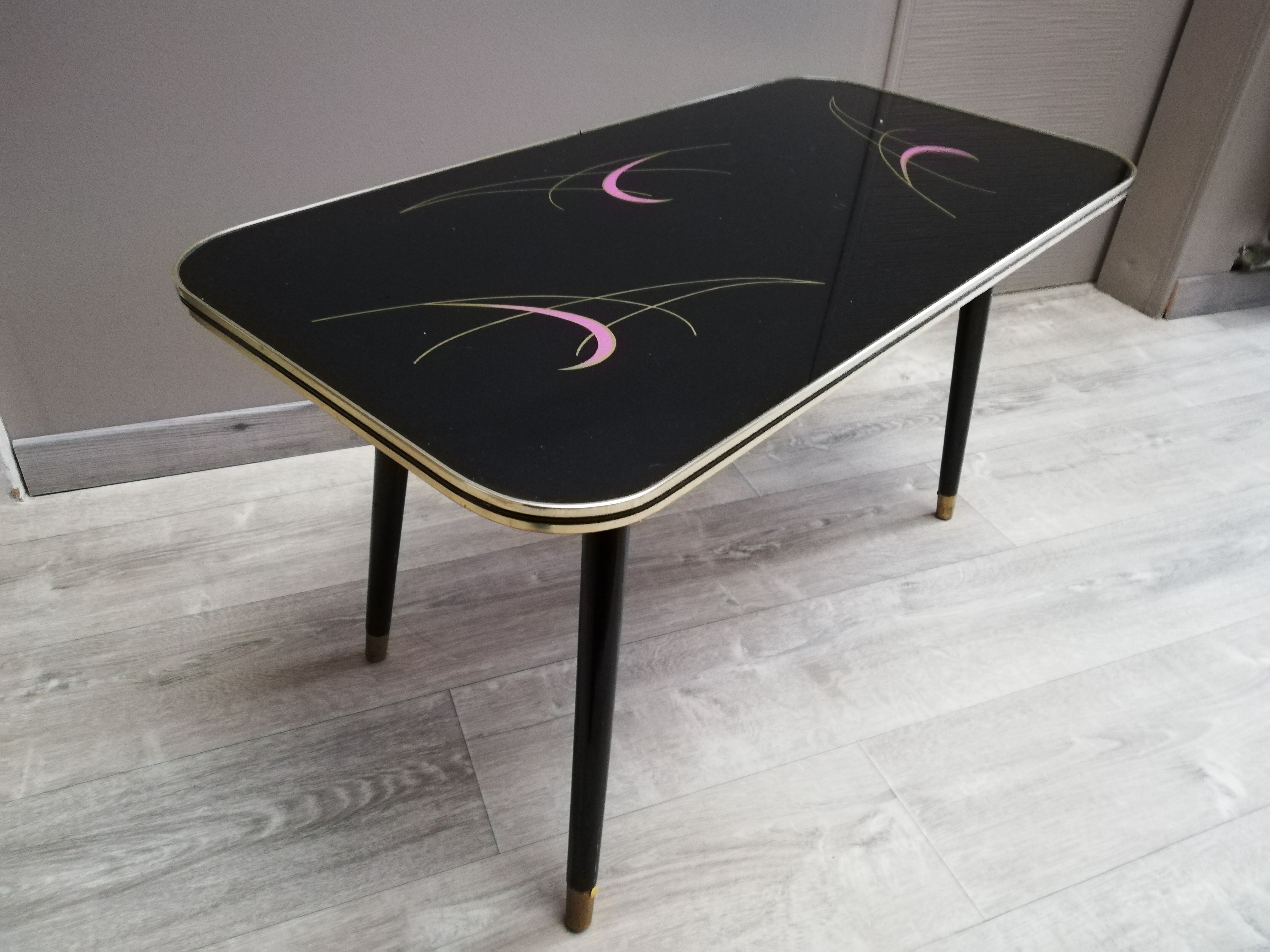 Table basse pieds compas plateau verre vintage 50/60