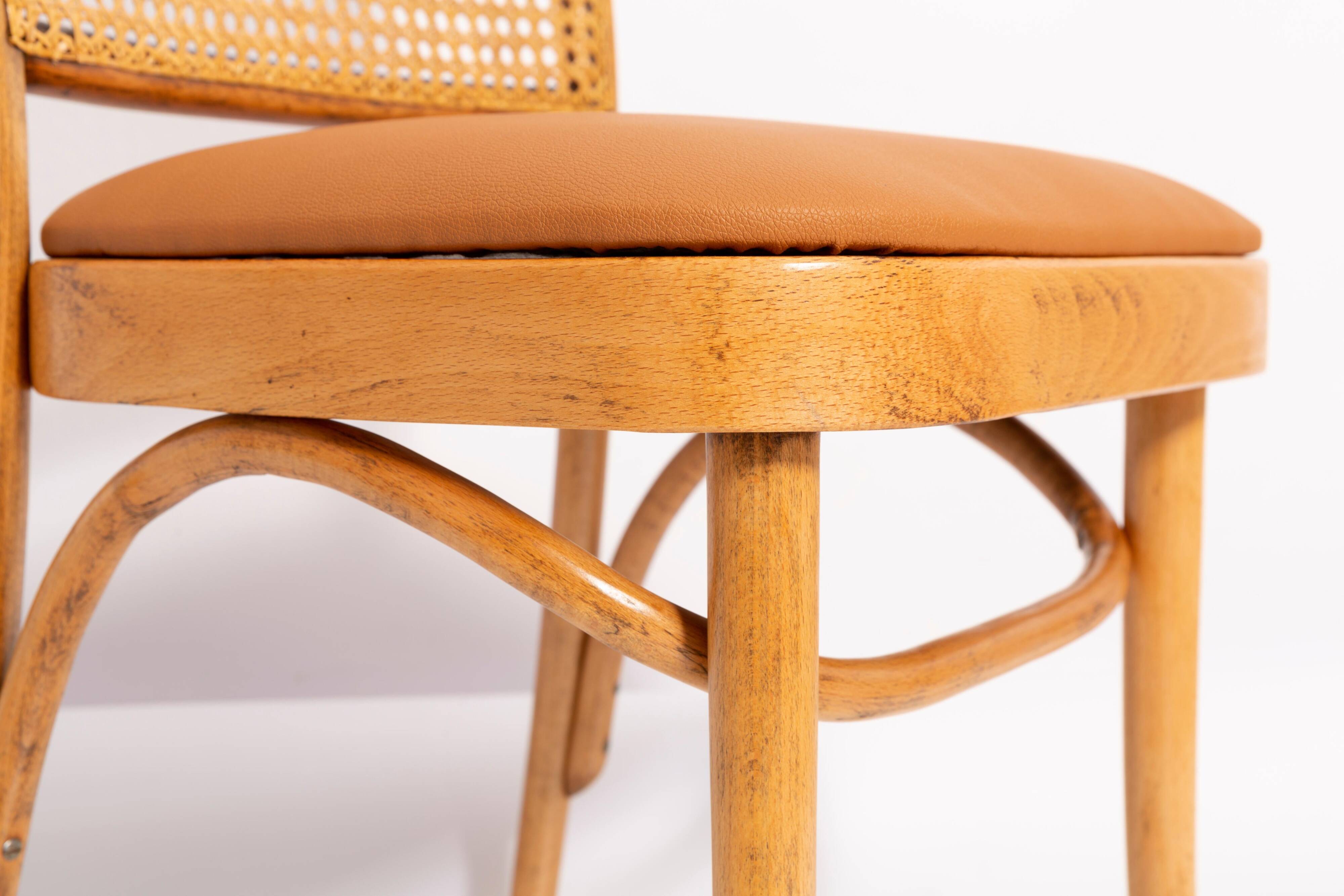 Thonet chair in rattan, camel faux leather and wood - 1960s