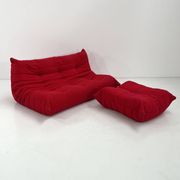 Togo 3-seater with red ottoman by Michel Ducaroy for Ligne Roset, 1970.