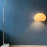 Vintage Guzzini Space Age arc floor lamp with white mushroom shade and marble base