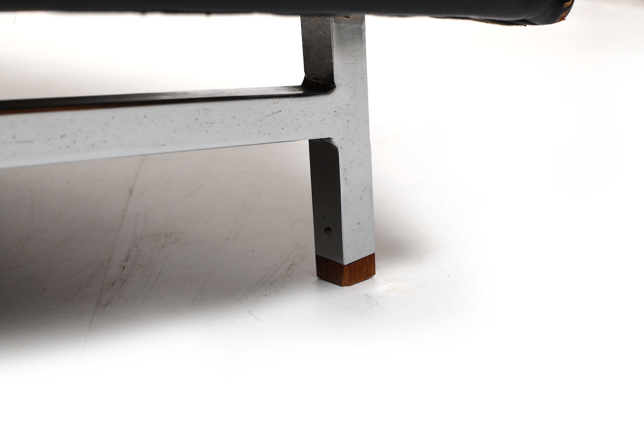 Danish leather sofa with chrome legs and teak ends