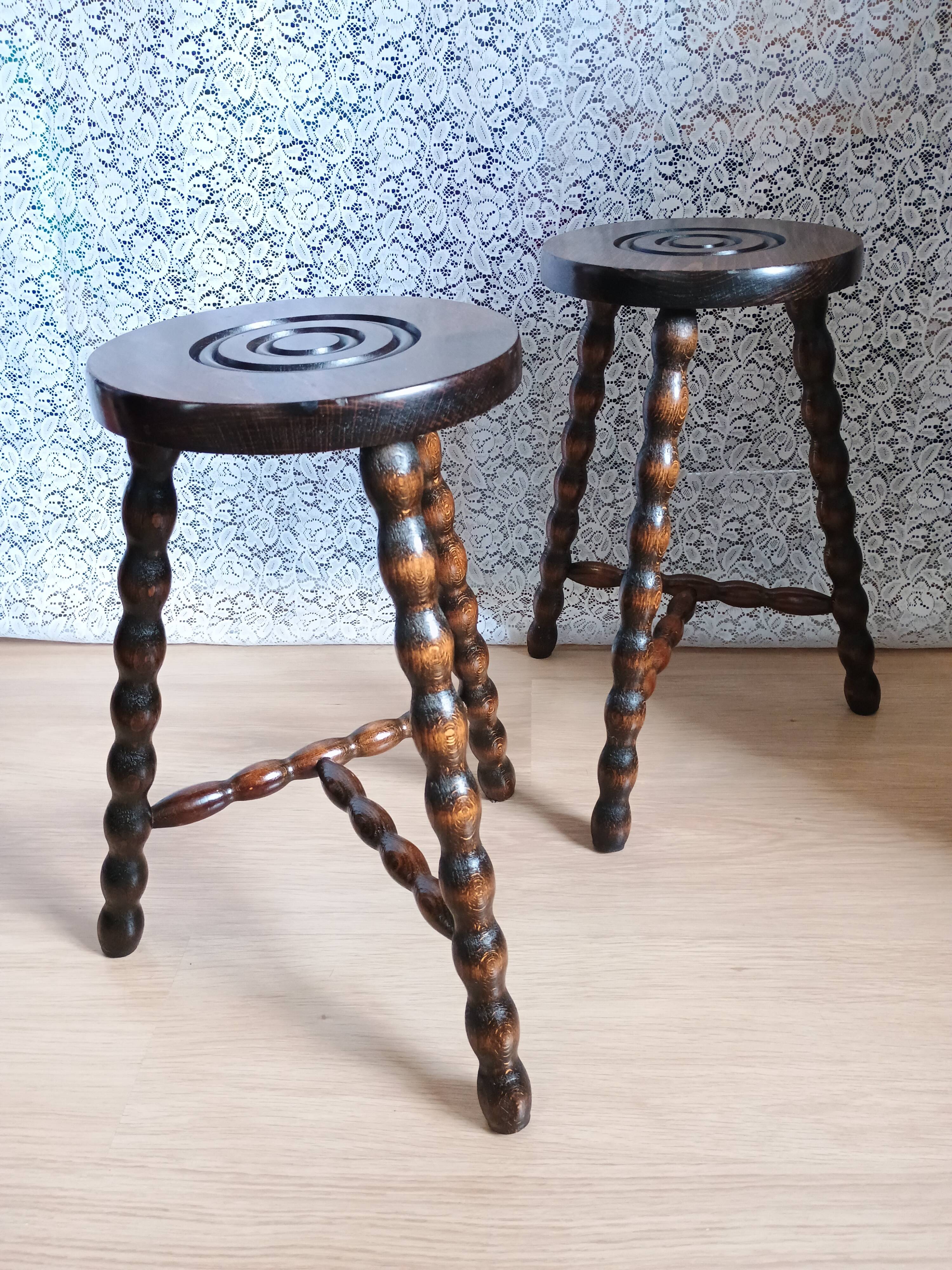 Pair of vintage turned wood tripod stools