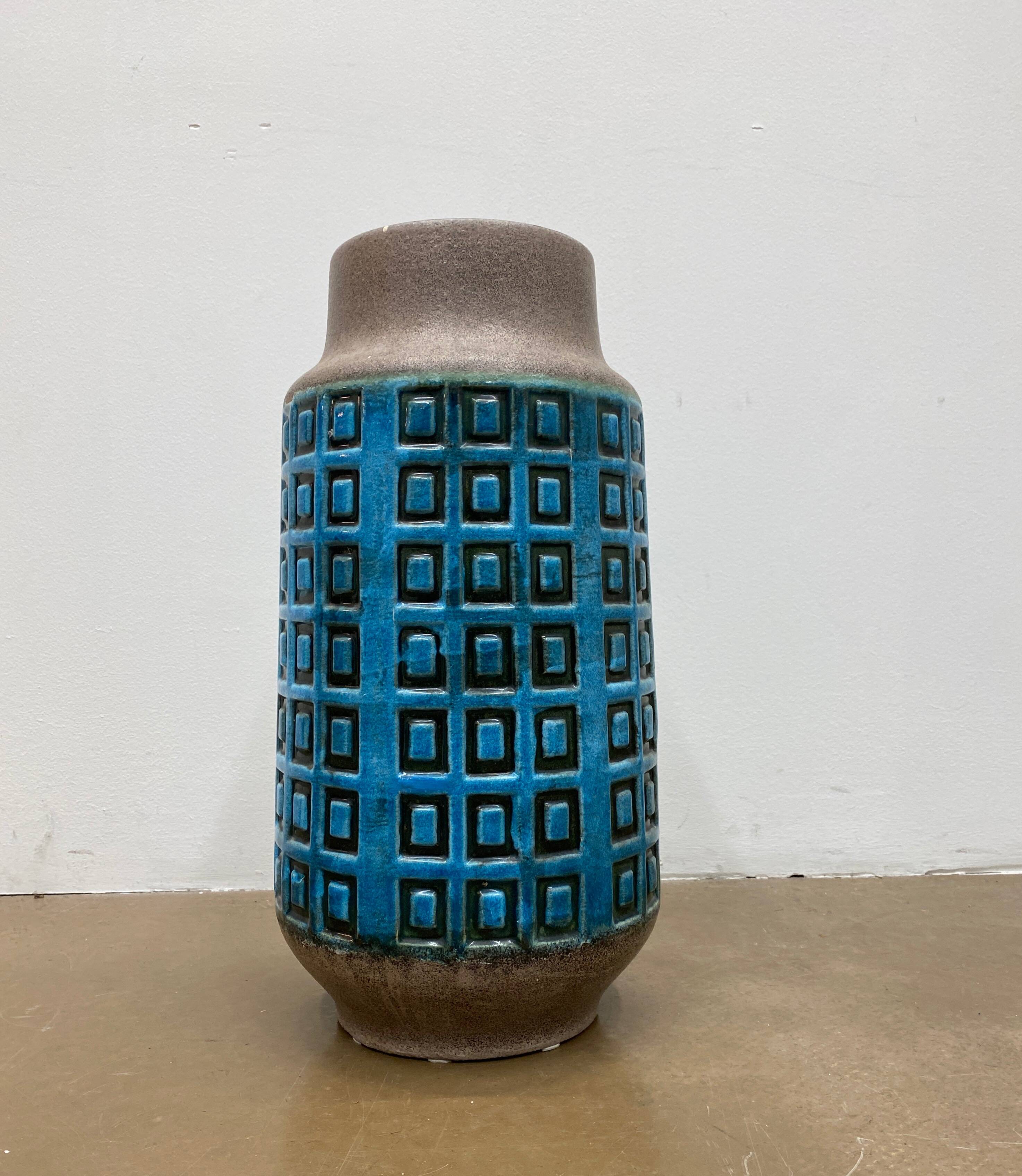 Large blue ceramic mid-century modern vase with graphic pattern