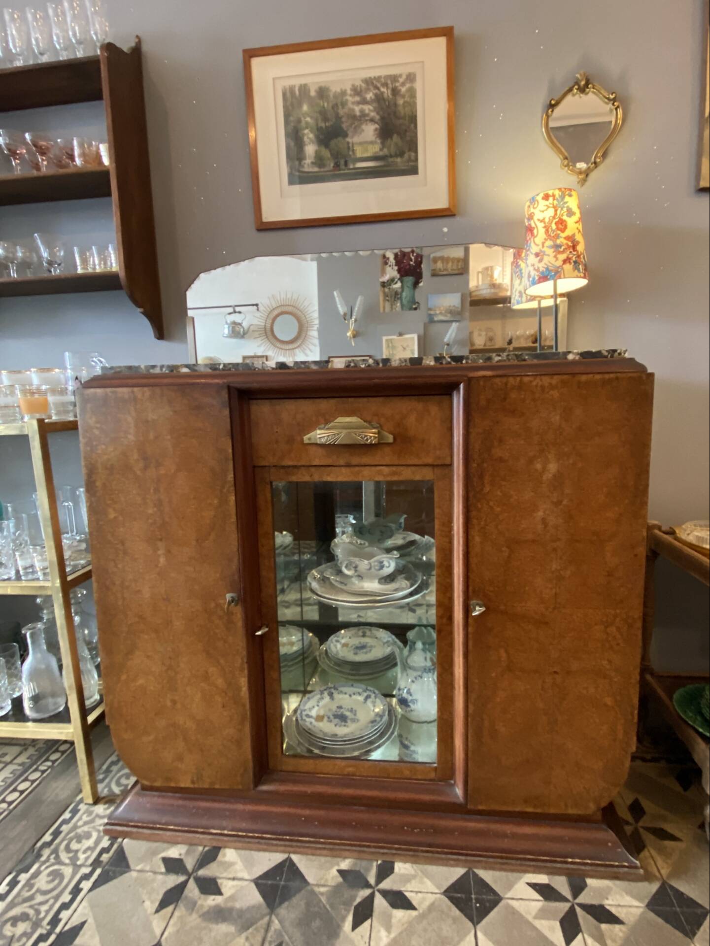 Art Deco wooden sideboard with mirror and marble