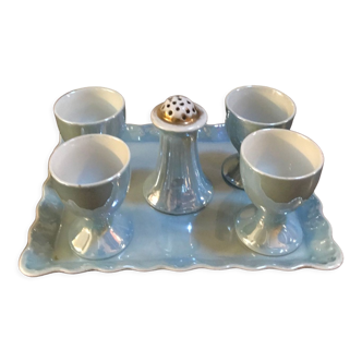 Porcelain egg set 50s shellfish and salt shaker on pearl tray